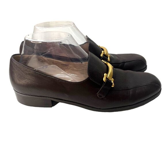 Solos Brown Leather Slip on Ladies Loafers Gold Buckle Size 8.5N - Picture 3 of 9